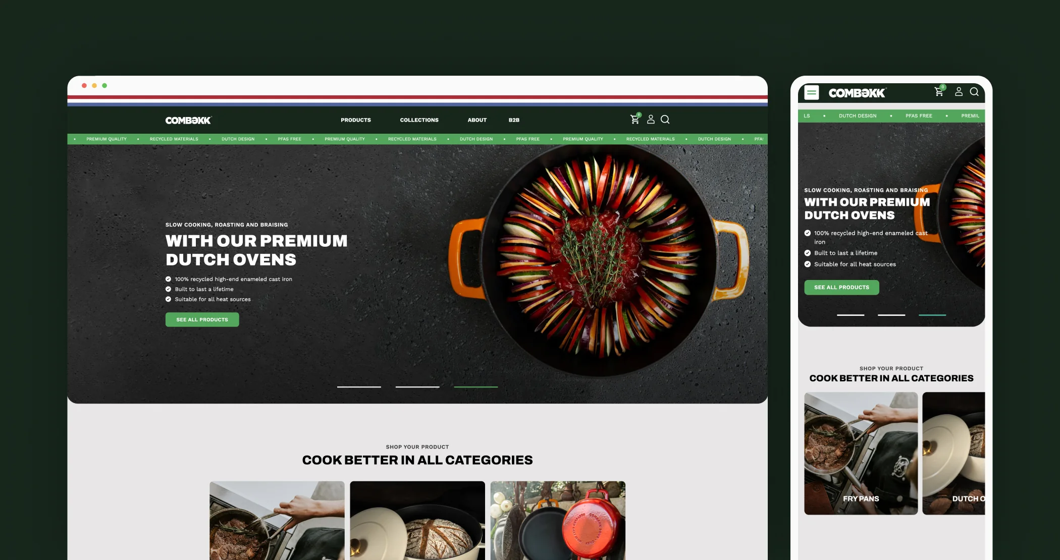 Website van COMBEKK met een prominente afbeelding van een oranje Dutch Oven gevuld met kleurrijke ratatouille.