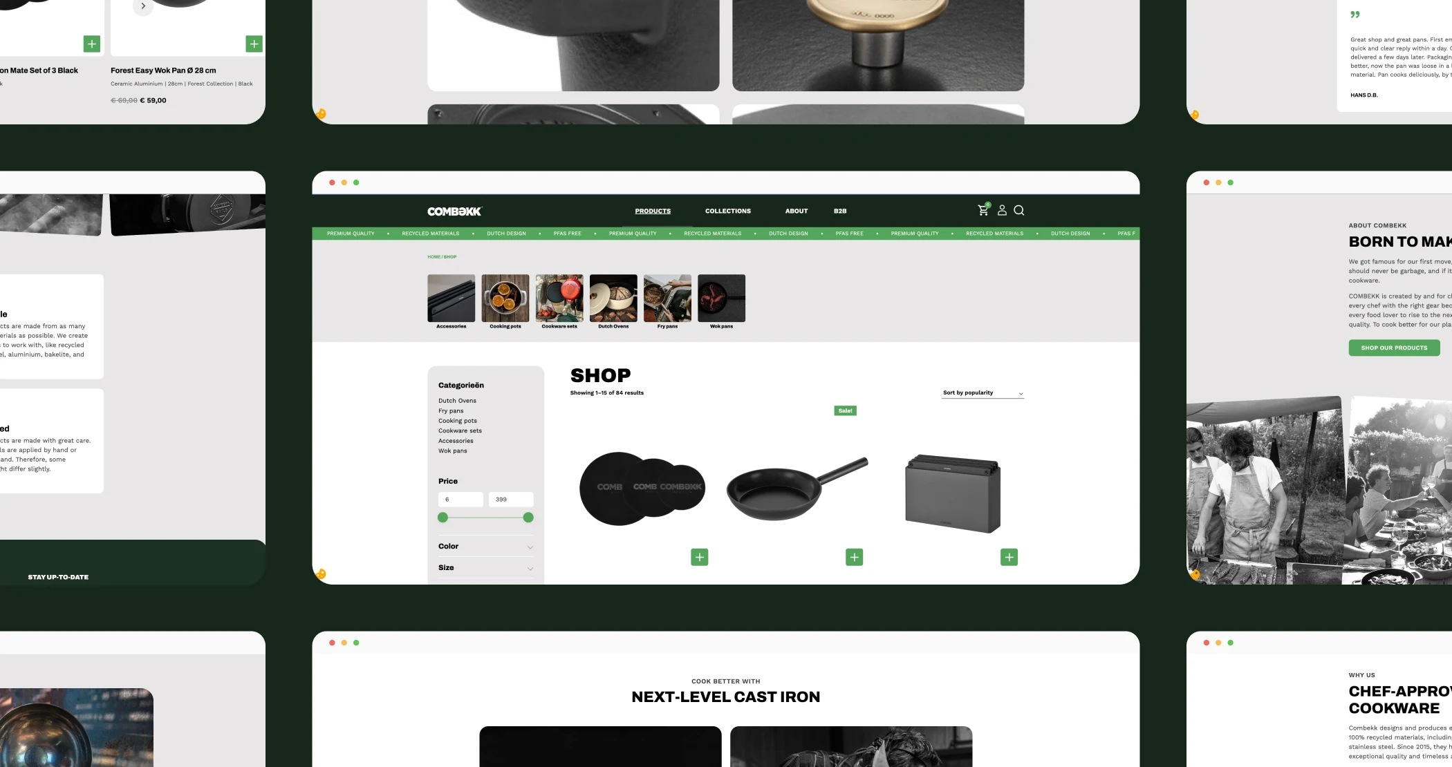 Websitepagina van COMBEKK met een overzicht van gietijzeren kookproducten en productcategorieën in de webshop.