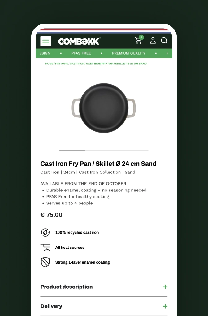 Productpagina van de COMBEKK gietijzeren koekenpan Ø 24 cm in de kleur Sand op een mobiele website.