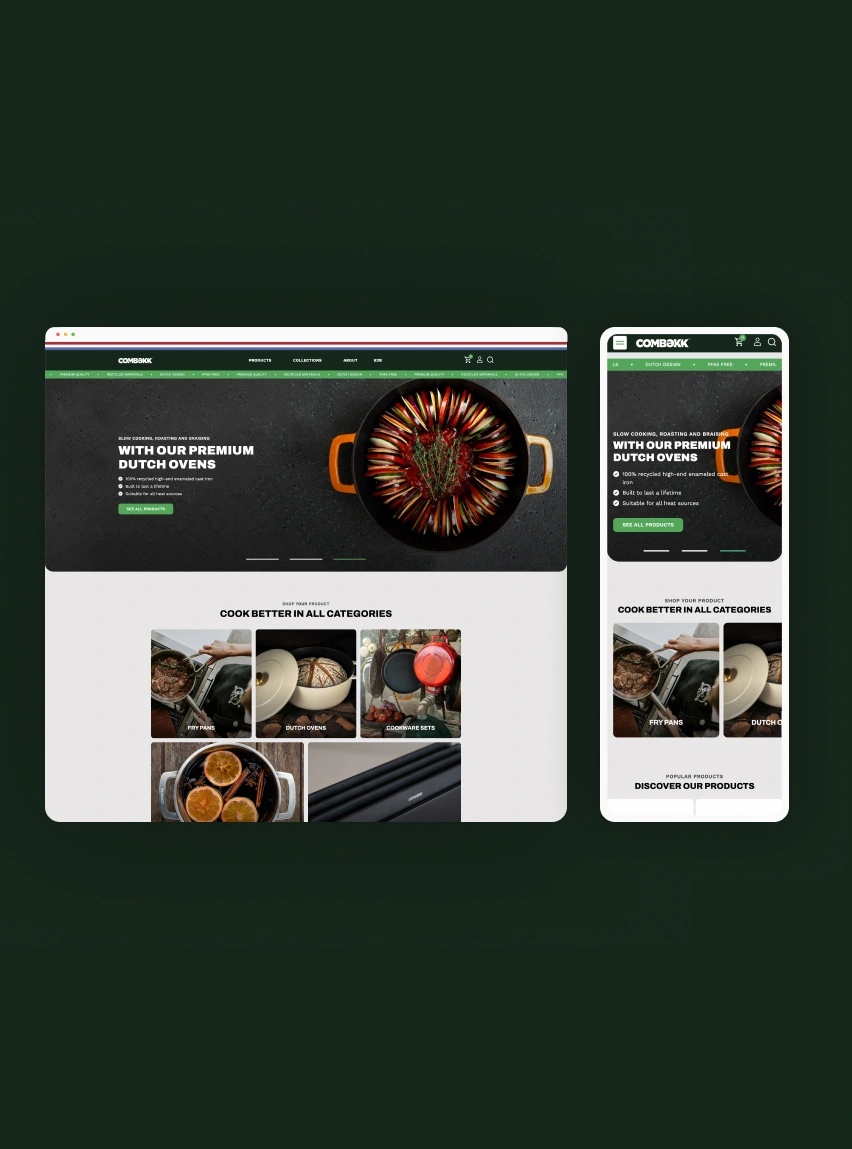 Website van COMBEKK met een desktop- en mobiele weergave waarop premium Dutch ovens worden gepromoot.