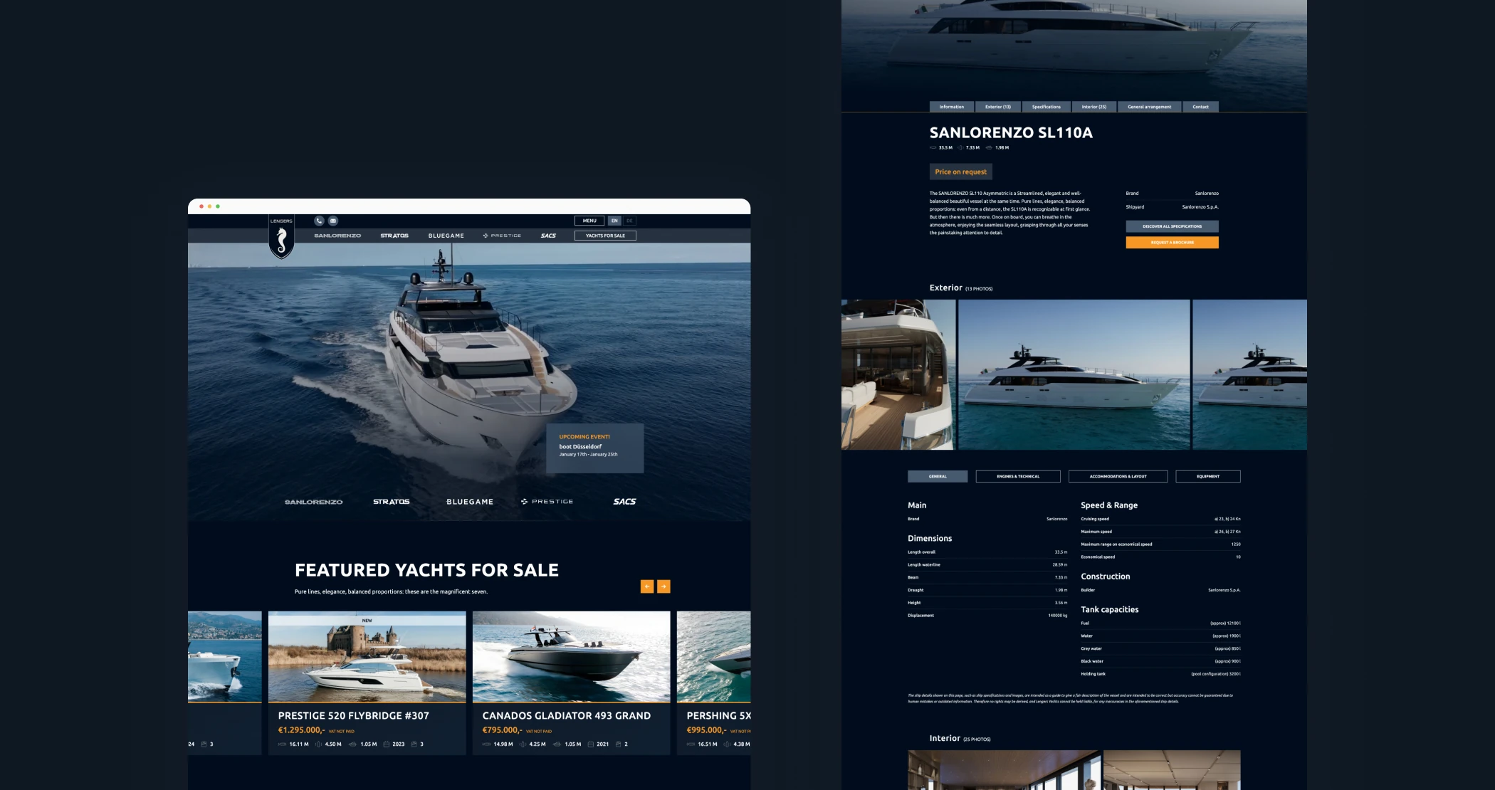Schermafbeelding van de Lengers-website met een overzicht van luxe jachten te koop en informatie over het Sanlorenzo SL110A-model.