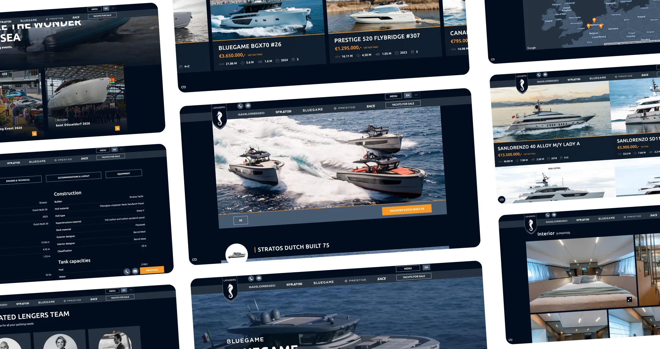 Overzicht van de Lengers Yachts-website met verschillende luxe jachten, specificaties en vaartbeelden.
