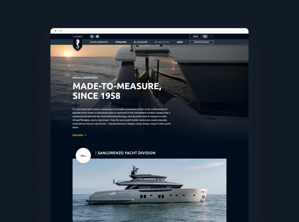Websitepagina van Lengers Yachts met een Sanlorenzo-jacht in de avondzon en promotietekst over maatwerkjachten sinds 1958.