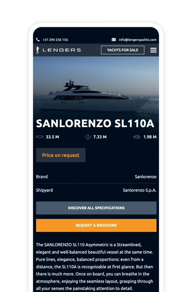 Mobiele weergave van de Sanlorenzo SL110A yachtpagina op de website van Lengers Yachts.